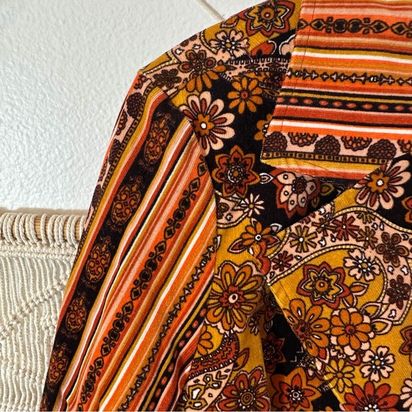 70s Boho Vintage Floral Flower Power Patchwork Trench Coat in Brown & Mustard XL - Picture 11 of 14